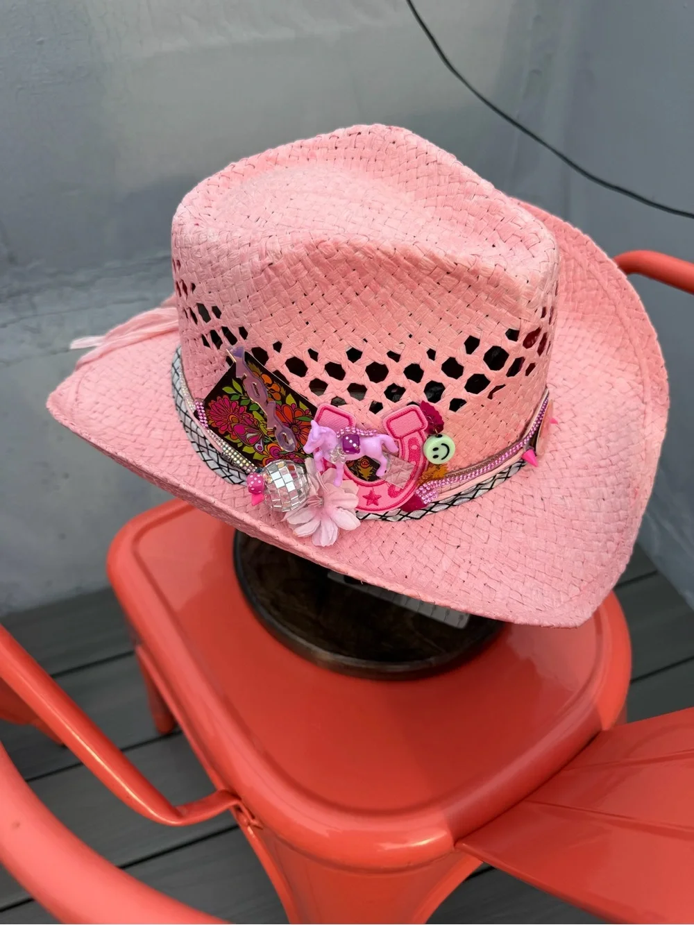 Pink Straw Cowboy Hat with Decorative Band